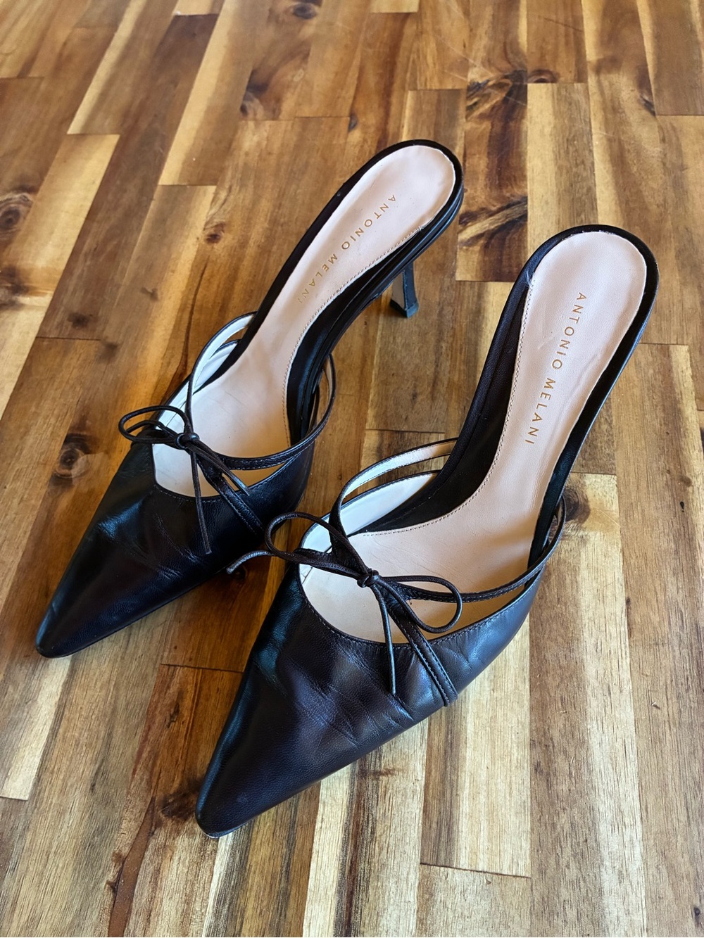 ANTONIO MELANI Chocolate Brown Leather Pointed Toe Slingback Mules with Bow - Picture 8 of 9